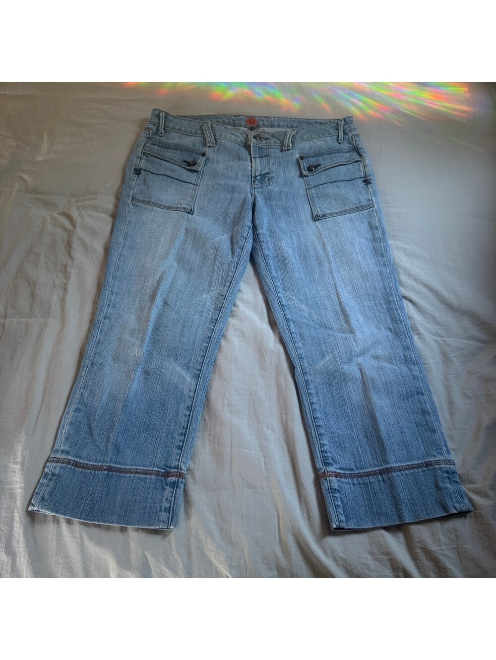 Yanuk Jeans Sz 31 Vintage Wide Leg Trouser Cargo Pocket Flap Light Wash USA Made